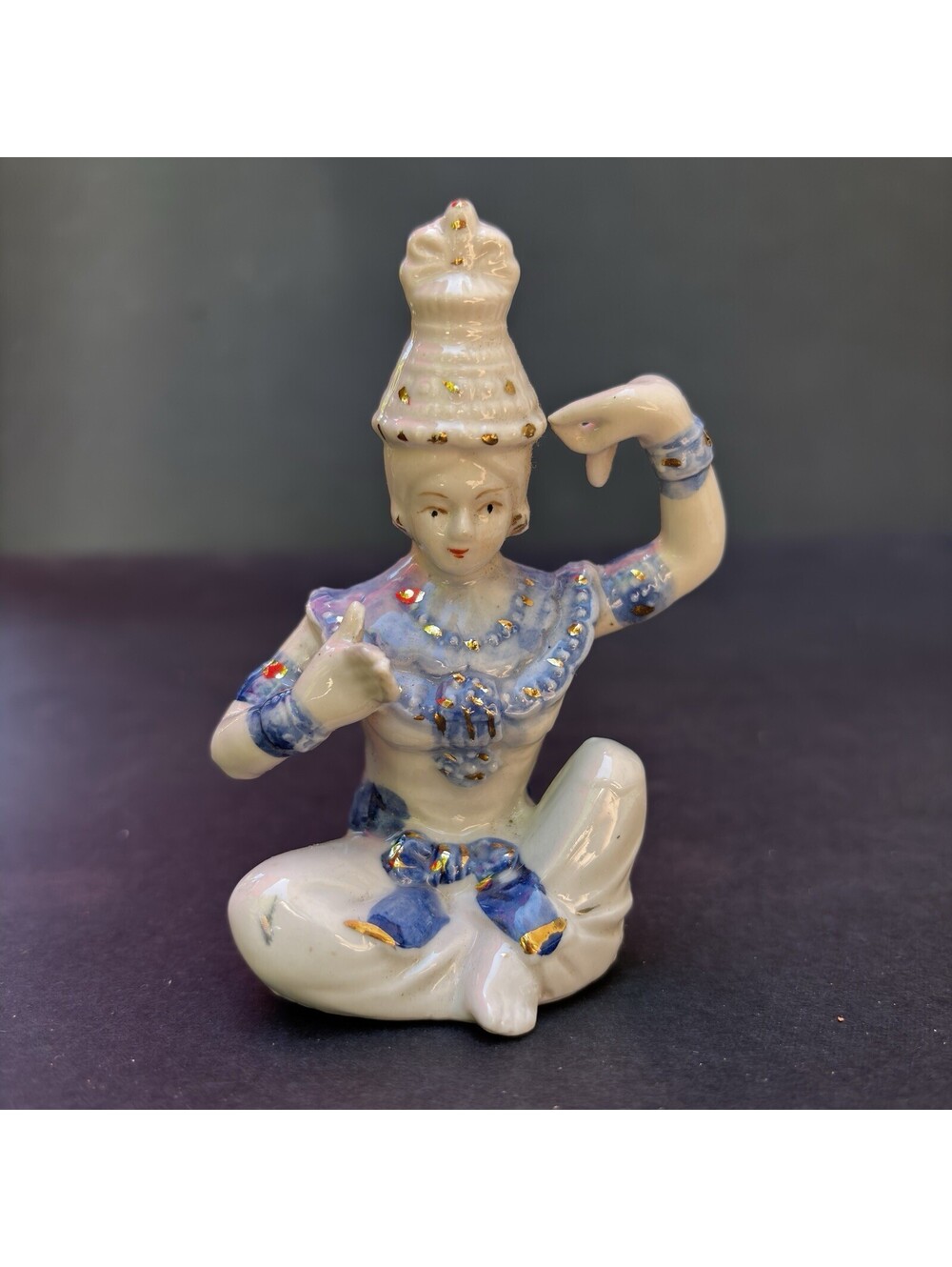 Thai Siamese Temple Dancer Porcelain Figurine 4” Hand Painted White Blue Gold